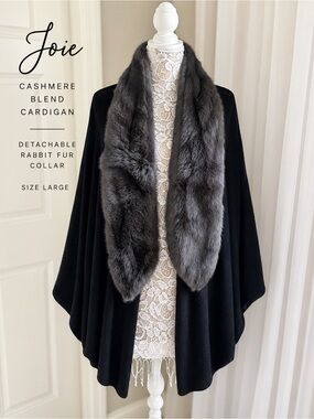 Joie Cashmere Blend Open Front Cardigan Rabbit Fur Collar Black Draped Sweater L